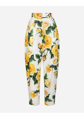 Dolce & Gabbana High-waisted Cotton Pants With Yellow Rose Print - Woman Trousers And Shorts Print 36