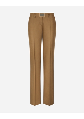 Dolce & Gabbana Flared Flannel Pants With Logo Tag - Woman Trousers And Shorts Beige Wool 46