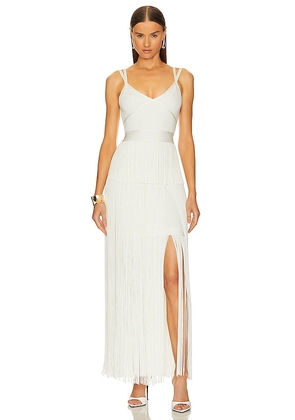 Herve Leger Icon Strappy Ottoman Fringe Gown in White. Size XS.