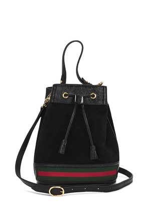 FWRD Renew Gucci Suede Leather Bucket Bag in Black.