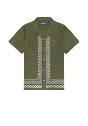 Deva States Relic Embroidered Shirt in Olive. Size L, S, XL/1X.