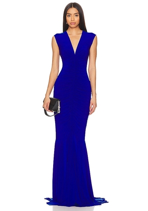 Norma Kamali Sleeveless Deep V Neck Shirred Front Fishtail Gown in Royal. Size S, XXS.