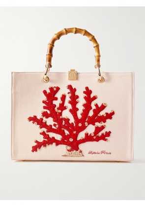 Olympia Le-Tan - Coral Appliquéd Bamboo-trimmed Canvas Tote - White - One size