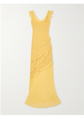 Saloni - Renu Ruffle-trimmed Silk-blend Chiffon Maxi Dress - Yellow - UK 4,UK 6,UK 8,UK 10,UK 12,UK 14,UK 16