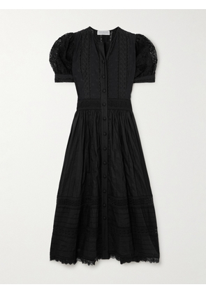 WAIMARI - Juliette Embroidered Pleated Lace-trimmed Cotton-blend Midi Dress - Black - x small,small,medium,large,x large