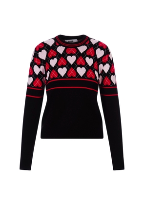Msgm Black Sweater With Active Hearts Motif