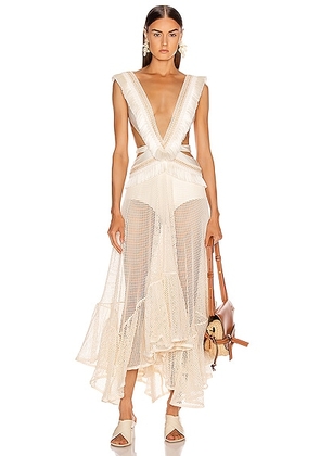 PatBO Fringe and Mesh Cutout Maxi Dress in Wheat - Neutral. Size M (also in ).