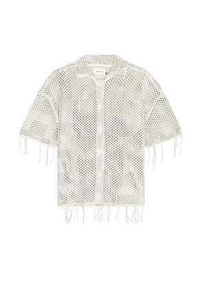 Honor The Gift A-spring Unisex Crochet Button Down Shirt in Stone - Grey. Size L (also in M, S, XL/1X).