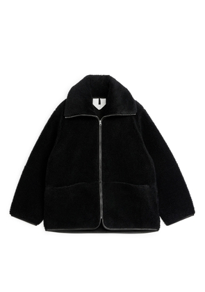 Leather Detailed Pile Jacket - Black