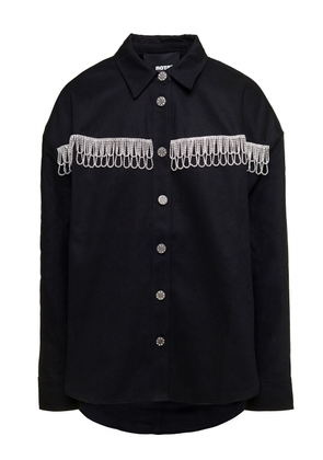 Rotate By Birger Christensen Black Oversized Shirt With Rhinestone Fringes And Logo Detail In Cotton Woman