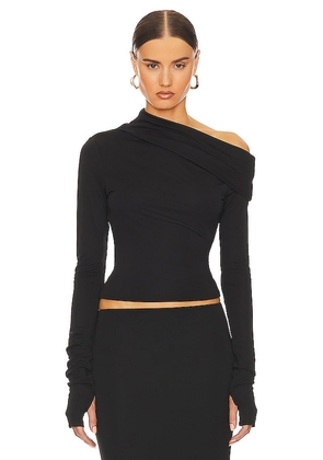 Helsa Matte Jersey Drape Shoulder Top in Black. Size S, XS.