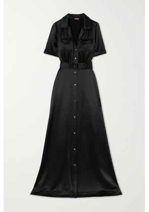 STAUD - Millie Belted Satin Maxi Shirt Dress - Black - US0,US2,US4,US6,US8,US10,US12,US14,US16