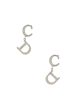 FWRD Renew Dior Rhinestone CD Earrings in Metallic Silver.