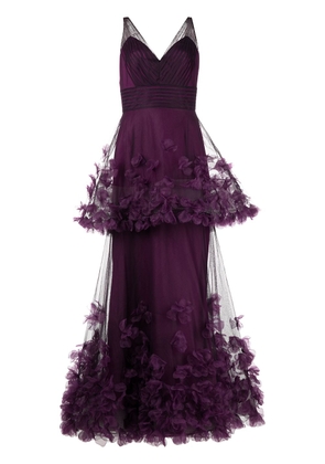 Marchesa Notte floral-appliqué tiered gown - Purple