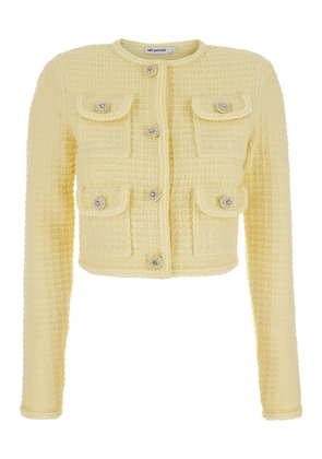 Self-Portrait Yellow Crop Cardigan With Jewel Buttons In Tweed Woman