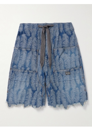 KAPITAL - Magpie Straight-Leg Frayed Denim-Jacquard Drawstring Shorts - Men - Blue - 2
