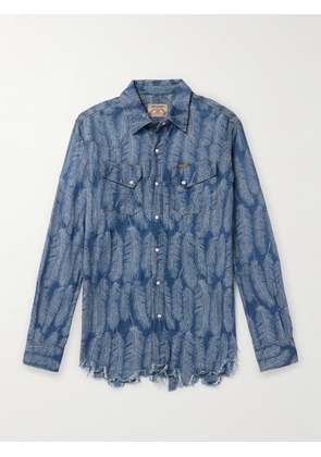 KAPITAL - Magpie Distressed Denim-Jacquard Western Shirt - Men - Blue - 2