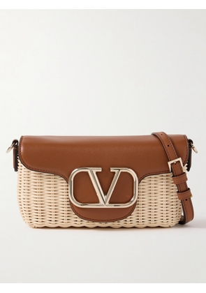 Valentino Garavani - Locò Embellished Leather-trimmed Raffia Shoulder Bag - Brown - One size