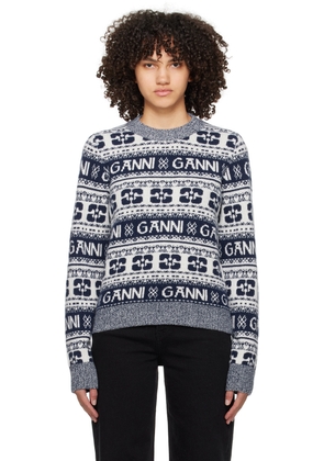 GANNI White & Blue Jacquard Sweater