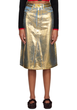 GANNI Blue & Gold Foil-Coated Denim Midi Skirt