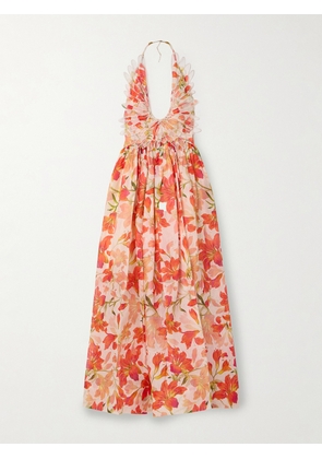 Zimmermann - Tranquility Appliquéd Floral-print Linen And Silk-blend Halterneck Maxi Dress - Multi - 00,0,1,2,3,4