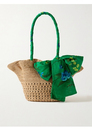 Erdem - Printed Cotton And Linen-blend Trimmed Raffia Tote - Green - One size
