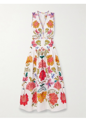 Farm Rio - Embellished Printed Linen Midi Dress - Off-white - xx small,x small,small,medium,large,x large