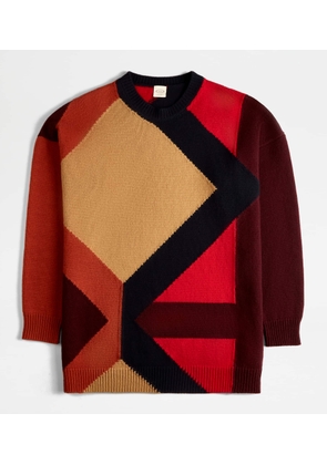 Tod's - Round-neck Jumper in Wool, GREY,RED, L - Knitwear