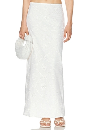 Helsa Eyelet Column Midi Skirt in Antique White - White. Size L (also in M, S, XL, XS, XXS).