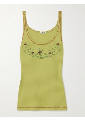 BODE - Dahlia Bead-embellished Ribbed Cotton-jersey Tank - Green - x small,small,medium,large,x large