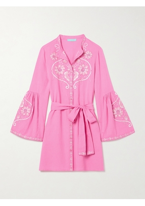 Melissa Odabash - Everly Embroidered Cotton And Linen-blend Mini Shirt Dress - Pink - x small,small,medium,large,x large