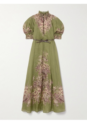 Zimmermann - Ottie Belted Leather-trimmed Floral-print Ramie Maxi Dress - Green - 00,0,1,2,3,4