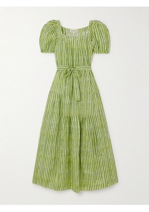 Saloni - Yashi Printed Belted Linen Midi Dress - Green - UK 4,UK 6,UK 8,UK 10,UK 12,UK 14,UK 16