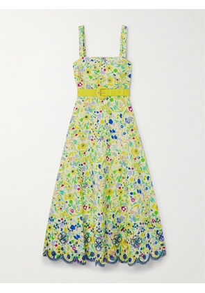 Saloni - Aubrey B Belted Floral-print Broderie Anglaise Cotton Midi Dress - Yellow - UK 4,UK 6,UK 8,UK 10,UK 12,UK 14,UK 16