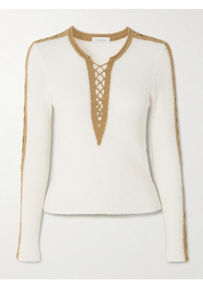 Rabanne - Embellished Two-tone Crochet-trimmed Cotton-blend Chenille Sweater - White - small,medium,large,x large