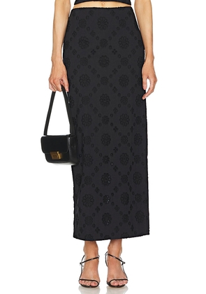 Helsa Eyelet Column Midi Skirt in Black. Size M, S, XL, XS, XXS.
