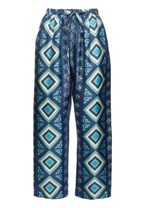 La DoubleJ geometric-pattern cropped silk trousers - Blue
