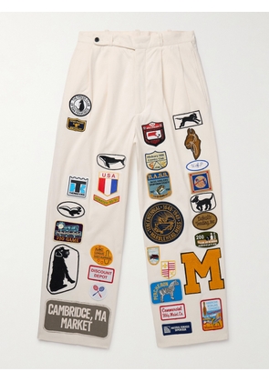 BODE - Cambridge McNab Straight-Leg Pleated Appliquéd Cotton-Canvas Trousers - Men - Neutrals - UK/US 28
