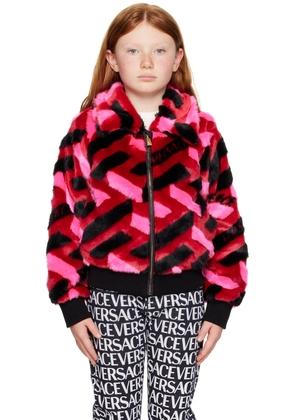 Versace Kids Red 'La Greca' Faux-Fur Coat