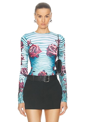 Jean Paul Gaultier Flower Body Morphing Long Sleeve Top in Blue  Red  & White - Blue. Size S (also in M, XS).