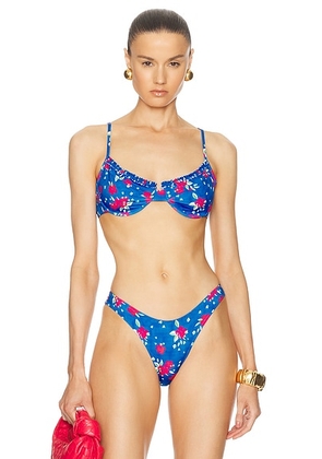 Heavy Manners Ruffle Bikini Top in East 19th - Blue. Size L (also in M, S, XL, XS).