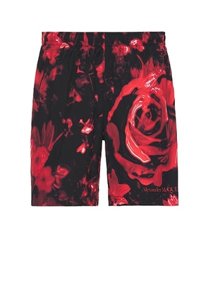 Alexander McQueen Wax Floral Swim Short in Black & Red - Red. Size L (also in M, S).