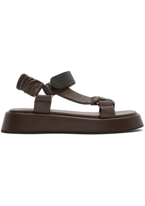 Brunello Cucinelli Brown Leather Crystal Velcro Sandals