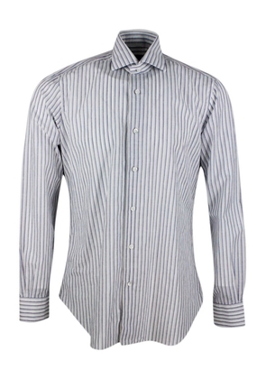 Barba Napoli Long-Sleeved Cult Shirt With French Collar With Gray And Blue Stripes On A White Base In Cotton And Linen