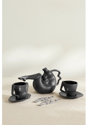 Anissa Kermiche - Set Of Ceramic Teapot, Teacups And Saucers And Stainless Steel Teaspoons - Black - One size