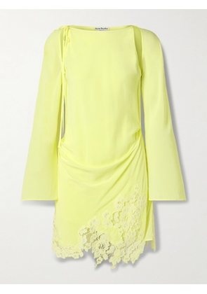 Acne Studios - Wrap-effect Cutout Lace-trimmed Jersey Mini Dress - Yellow - EU 32,EU 34,EU 36,EU 38,EU 40,EU 42