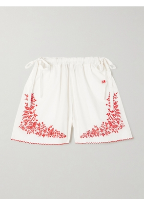 ALÉMAIS - Hearts Tie-detailed Embroidered Organic Cotton-poplin Shorts - Ivory - UK 4,UK 6,UK 8,UK 10,UK 12,UK 14,UK 16