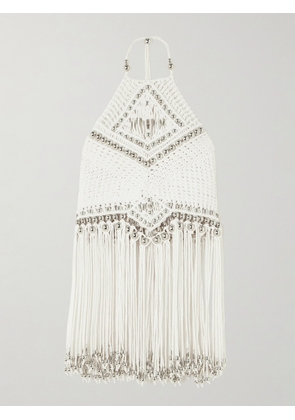 Rabanne - Fringed Embellished Macramé Halterneck Top - White - x small,small,medium,large,x large
