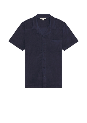 onia Towel Terry Camp Shirt in Navy. Size M, S, XL/1X.