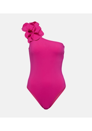 Karla Colletto Floral-appliqué one-shoulder swimsuit